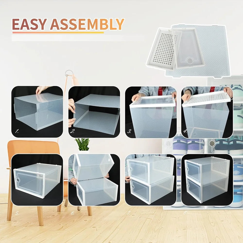 24pcs Large Stackable Plastic Shoe Storage Boxes Dustproof Transparent Display Cabinet for Men/Women Sports Shoes Boots Hat Organizer