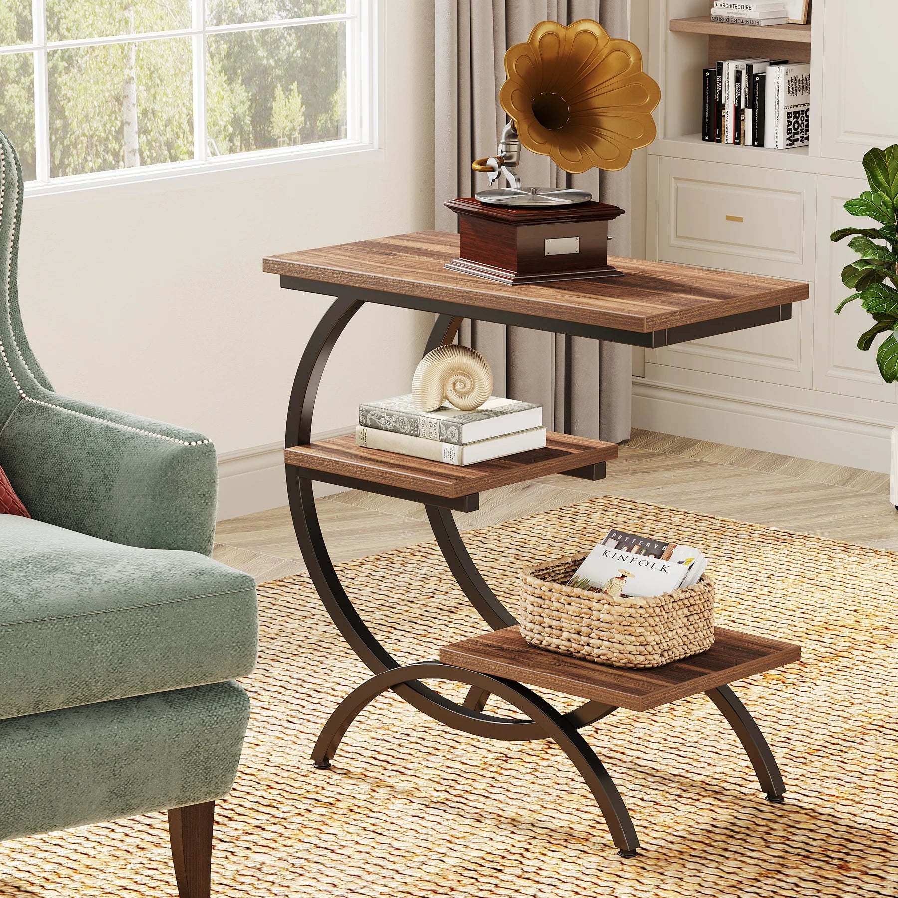Tribesigns C-Shaped End Table, Industrial 3-Tier Small Table for Couch, Wood Bedside Table Snack Table with Storage Shelves