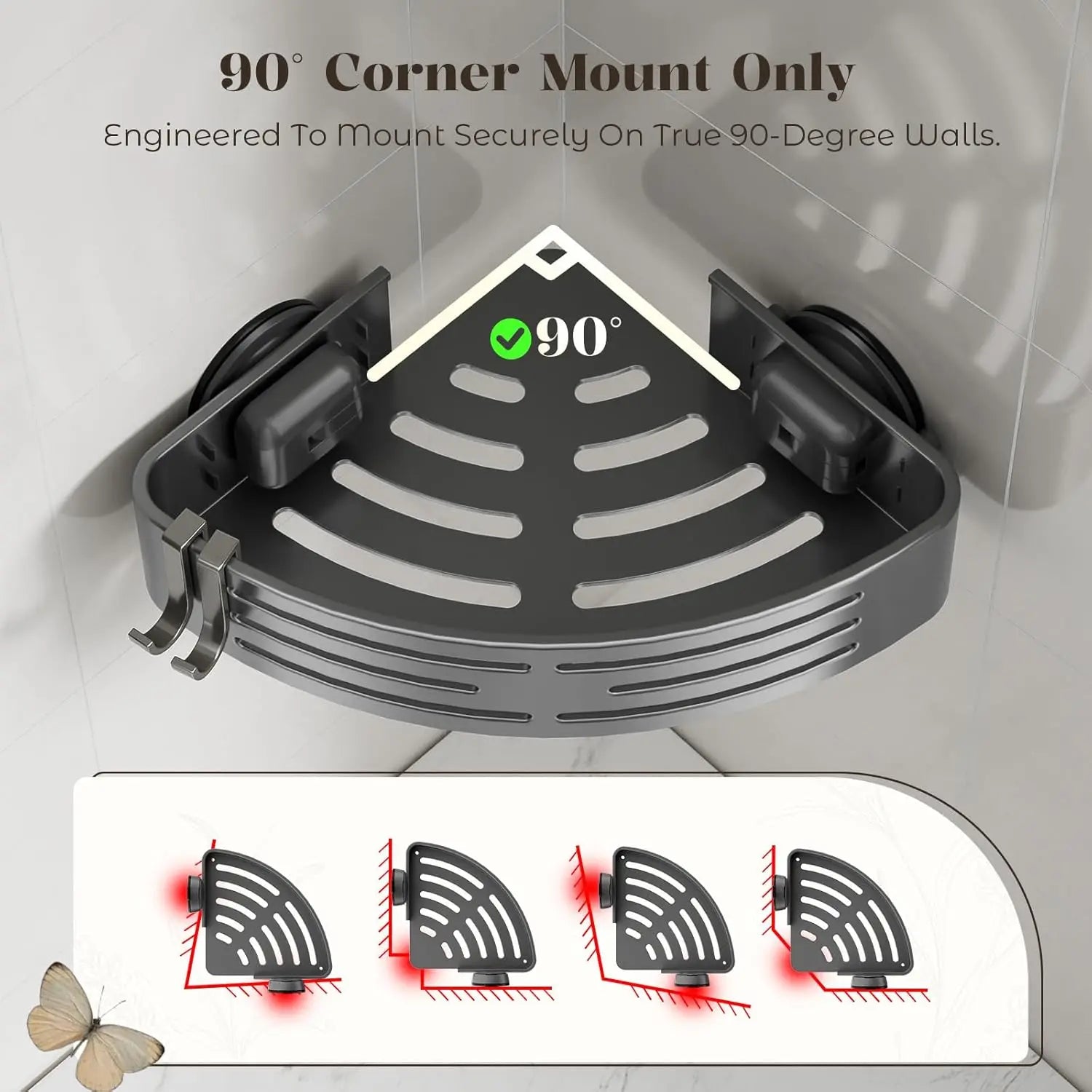 Strong Vacuum Suction Corner Shelf, Bathroom Vanity Organizer, Holds Shampoo Soap, No Tools Needed