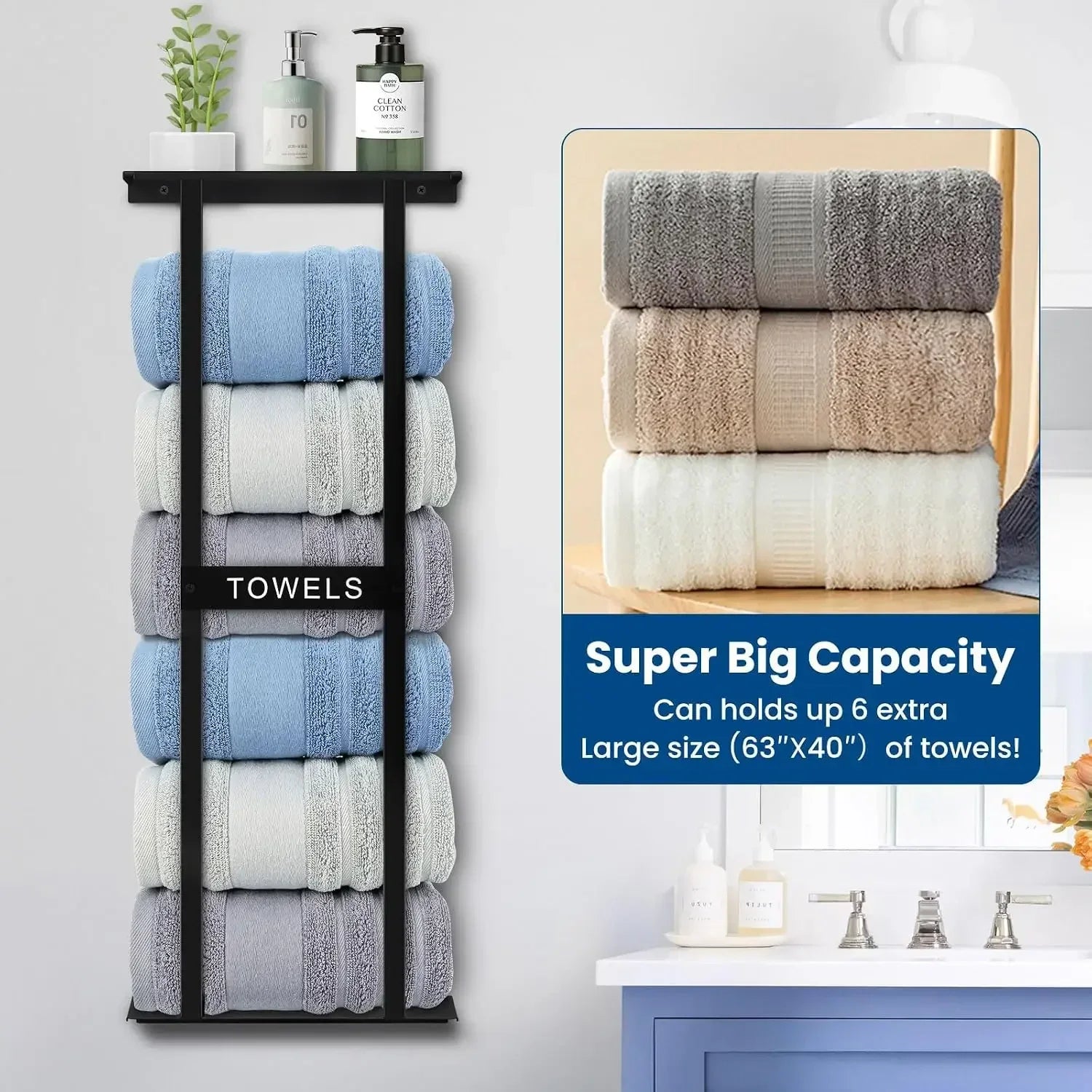Bathroom towel rack, wall-mounted bathroom towel rack, 30-inch heavy duty 6 large towels, wall-mounted towel rack for rolling towels, black
