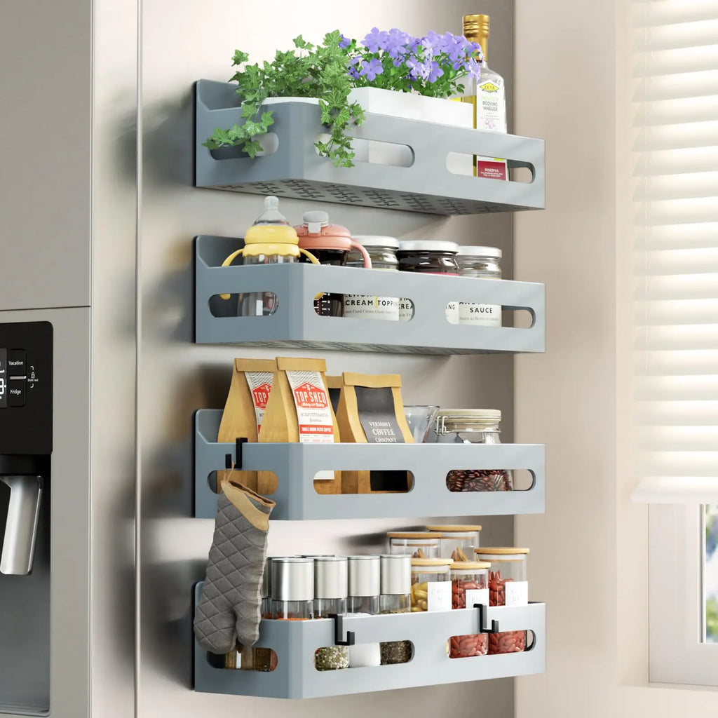 Seven Blue 4-Piece Magnetic Spice Refrigerator Rack with Hooks, Black  Rugged multi-purpose magnetic rack for kitchen and bathroom organization. Includes 4 removable hooks for hanging items.
