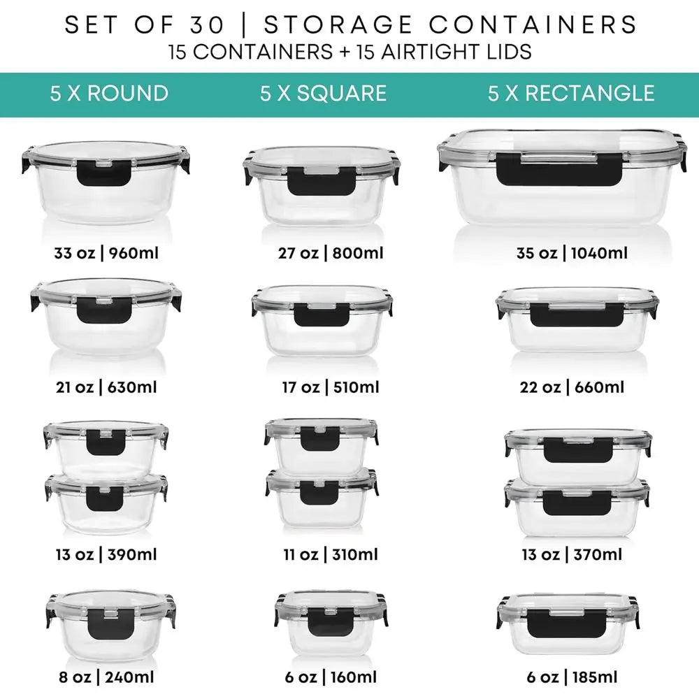 30 Glass Food Storage Containers with Lids - Reusable Meal Prep Containers or Lunch and Leftovers - Airtight & Leakproof Snap Lock