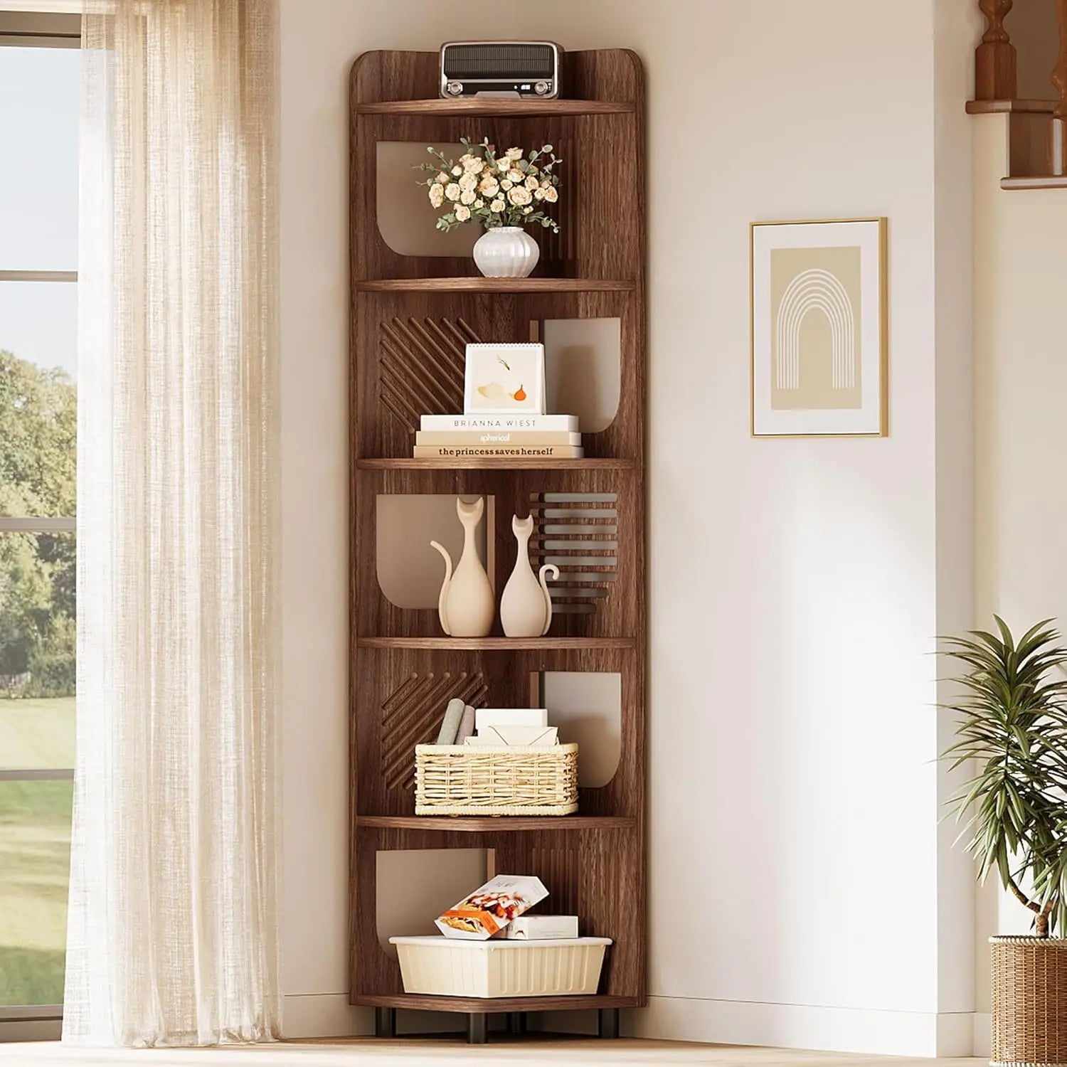 Corner Shelf,Narrow Corner Bookshelf,Freestanding Corner Display Storage Shelf Organizer for Living Room, Kitchen, Office