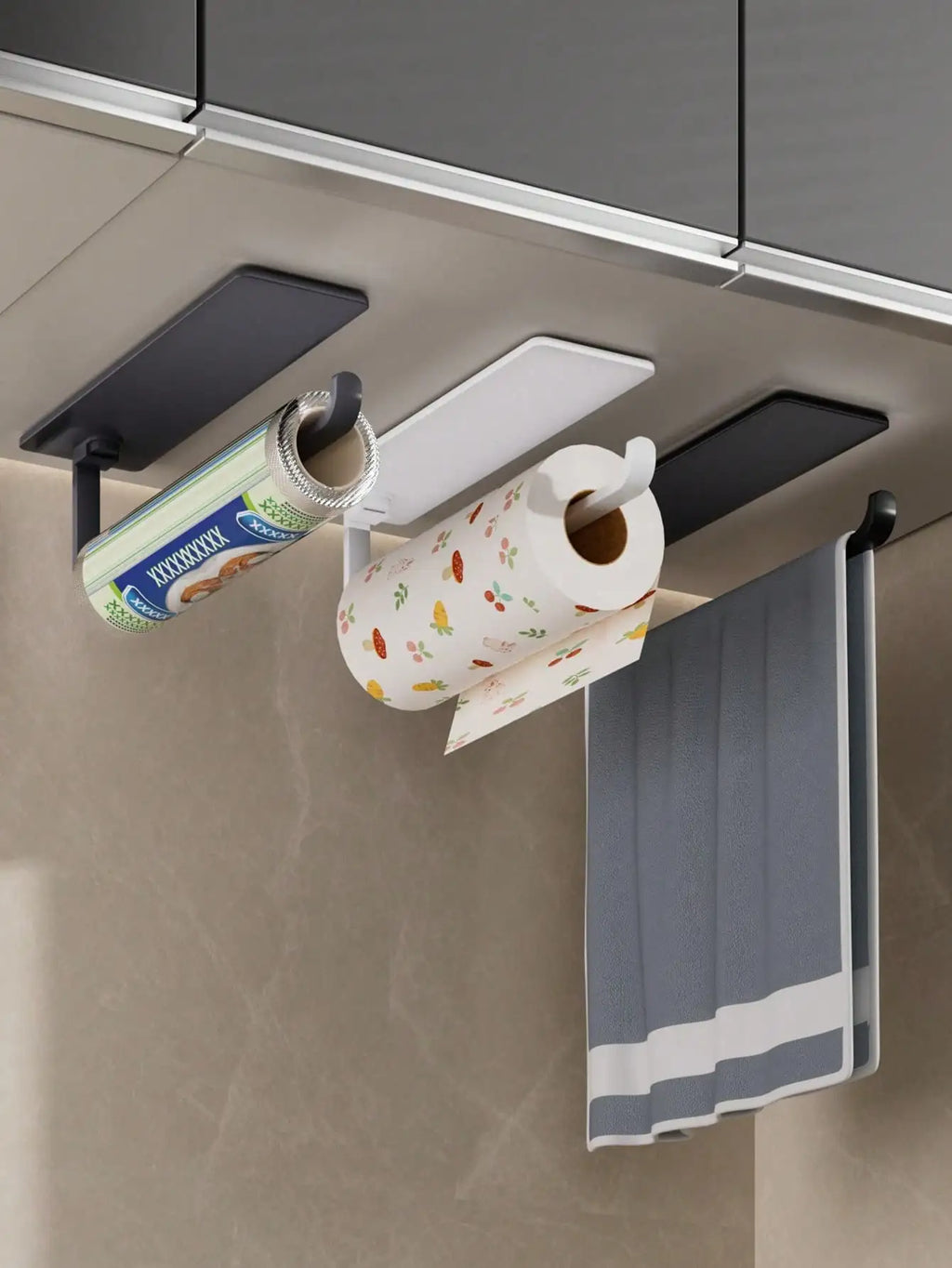1pc Kitchen Paper Towel Holder, Wall-Mounted Or Self-Adhesive Installation under shelf, With Cling Film Dispenser & Storage Rack, Space-Saving, Stylish Paper Towel Rack, Durable Bracket, Suitable For RV Kitchen And Bathroom