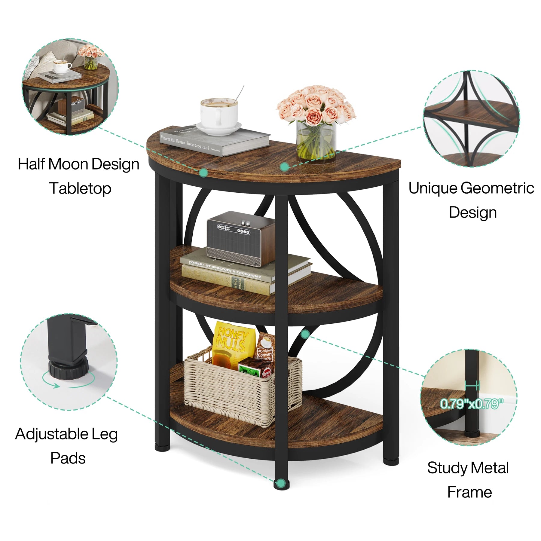 Tribesigns Half Round End Table for Living Room, 3-Tier Half Side Table with Metal Frame, Industrial Table with Storage