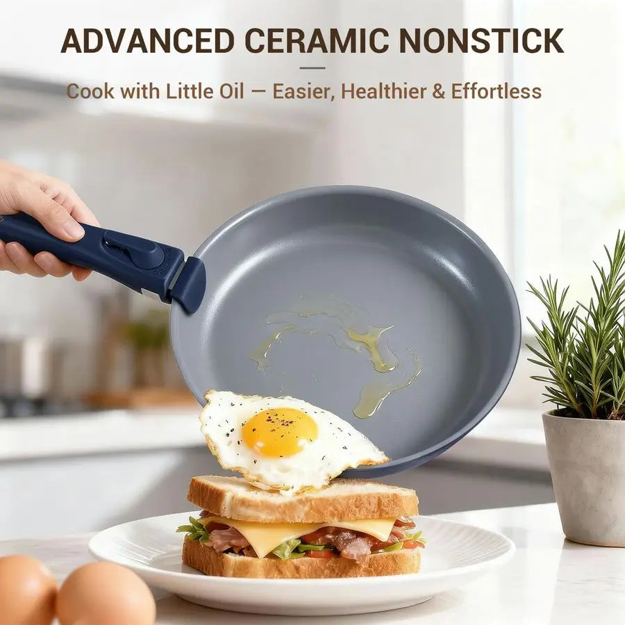 18Piece Ceramic Pots and Pans Set Non Stick, Non Toxic Cookware Set with Removable Handles, Pot Sets for Cooking, Induction Ready