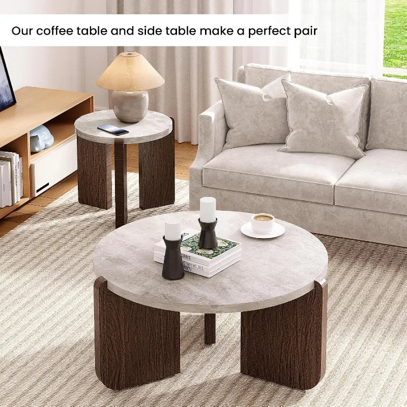 Coffee Table and End Table Sets, Round Marble Modern 3-Piece Living Room Table Set for Office, Living Room, Apartment