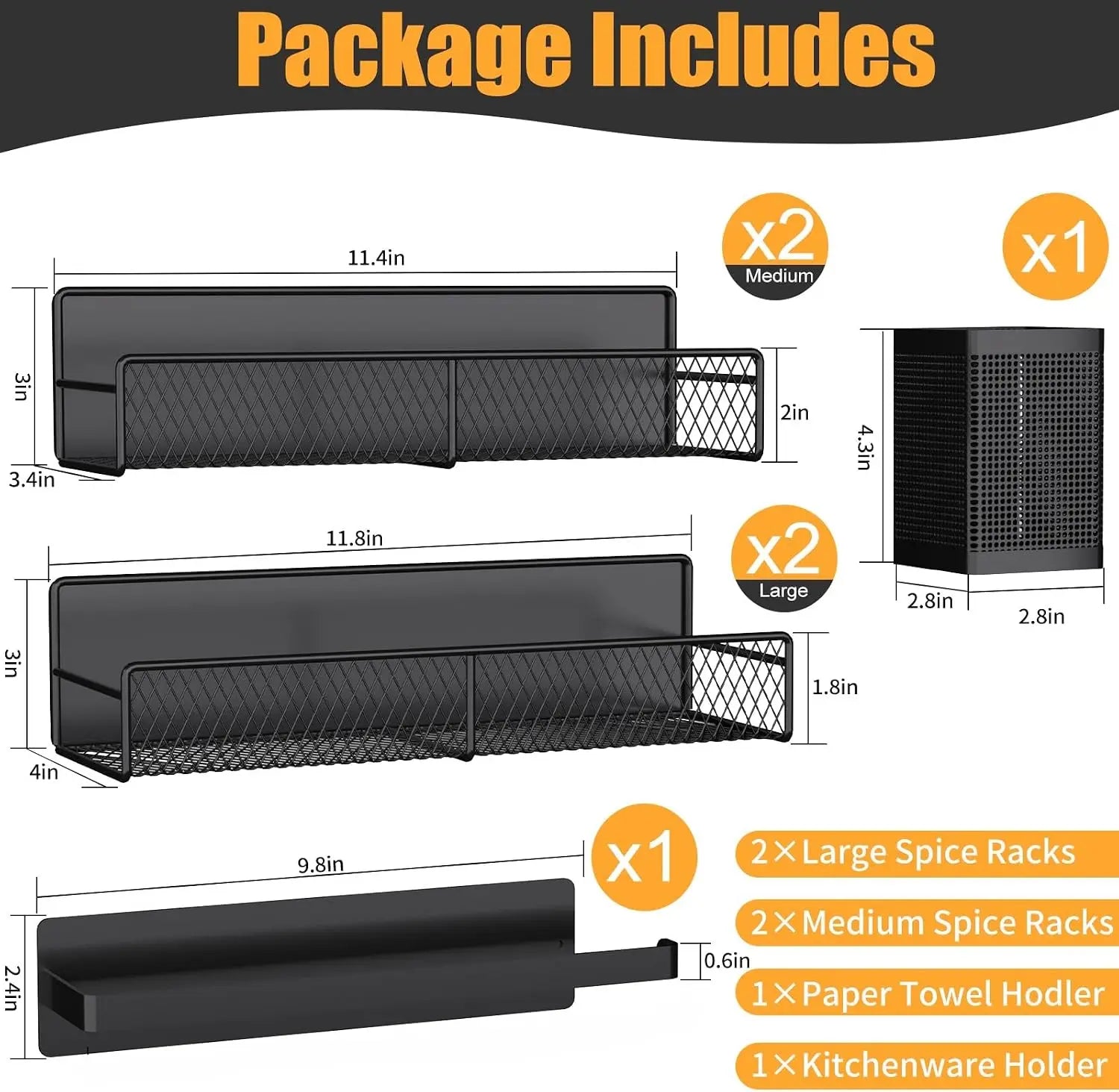 Refrigerator Magnetic Spice Rack, 6-piece 100% Metal Strong Magnetic Shelf Black, Space-Saving Spice Storage, Home Kitchen Laundry Storage Organization W/Tissue Rack, Cutlery Rack