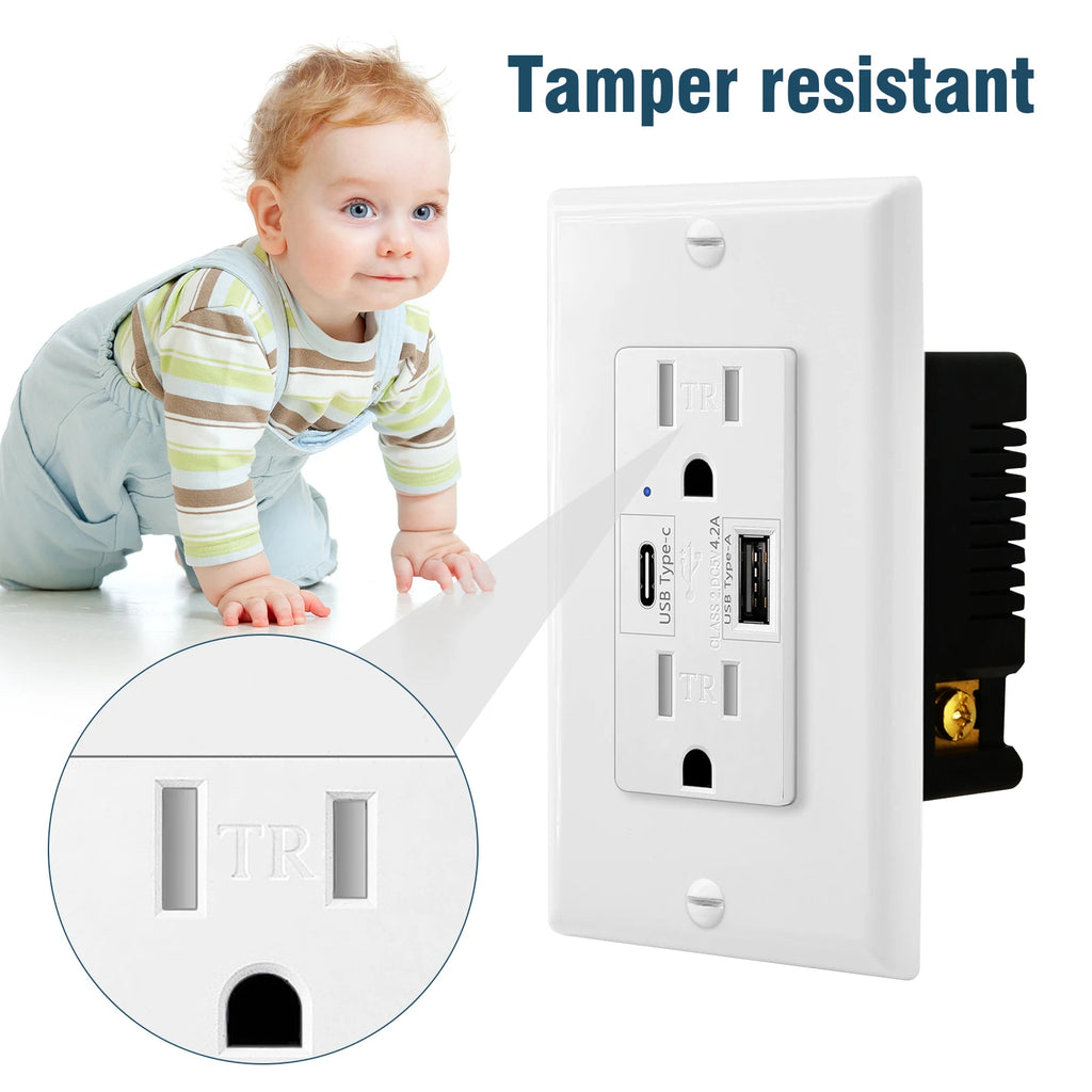 2PK 4.2/5.8A 110V Dual USB Port Type C Wall Socket with LED Indicator Charger AC Power Receptacle  Tamper Resistant Outlet Panel