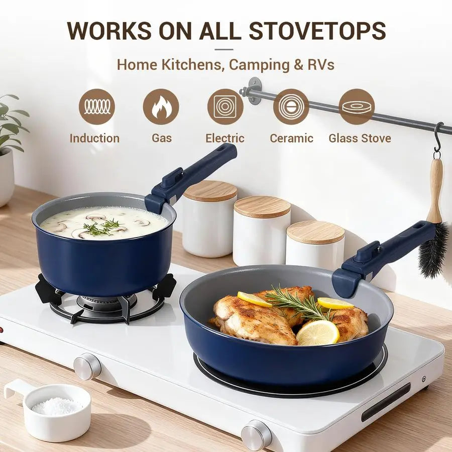 18Piece Ceramic Pots and Pans Set Non Stick, Non Toxic Cookware Set with Removable Handles, Pot Sets for Cooking, Induction Ready