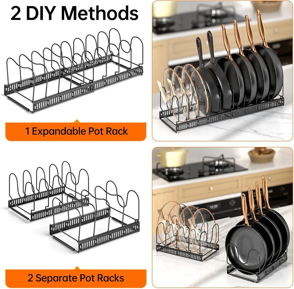 Expandable Pots and Pans Organizer Rack for Cabinet, Adjustable 10 Compartments Kitchen Cookware Holder for Pot Lid Cutting Board Bakeware Storage