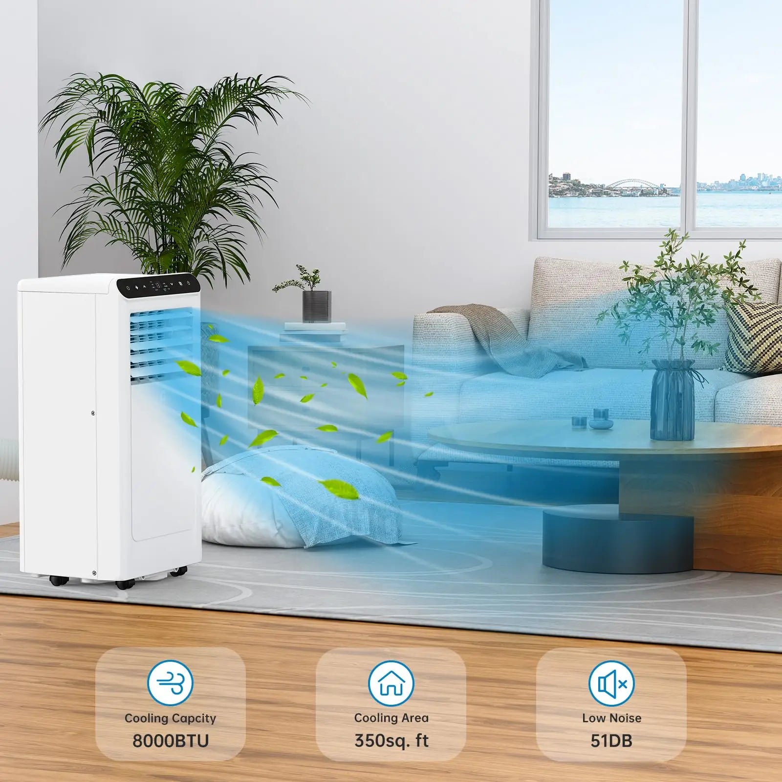 8000 BTU Portable Air Conditioners, 3 in 1 Smart Compact AC Unit, Personal Room Cooler, fan, Dehumidifier, Window Kit, Easy Mobility, for Home & Office up to 350 Sq.Ft.