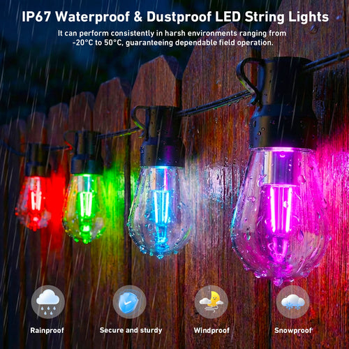 200FT RGB+IC Outdoor String Lights IP67 Waterproof DreamColor LED Bulbs Dimmable Shatterproof Patio Backyard Balcony Eave Lights APP Remote Control Chasing Effect