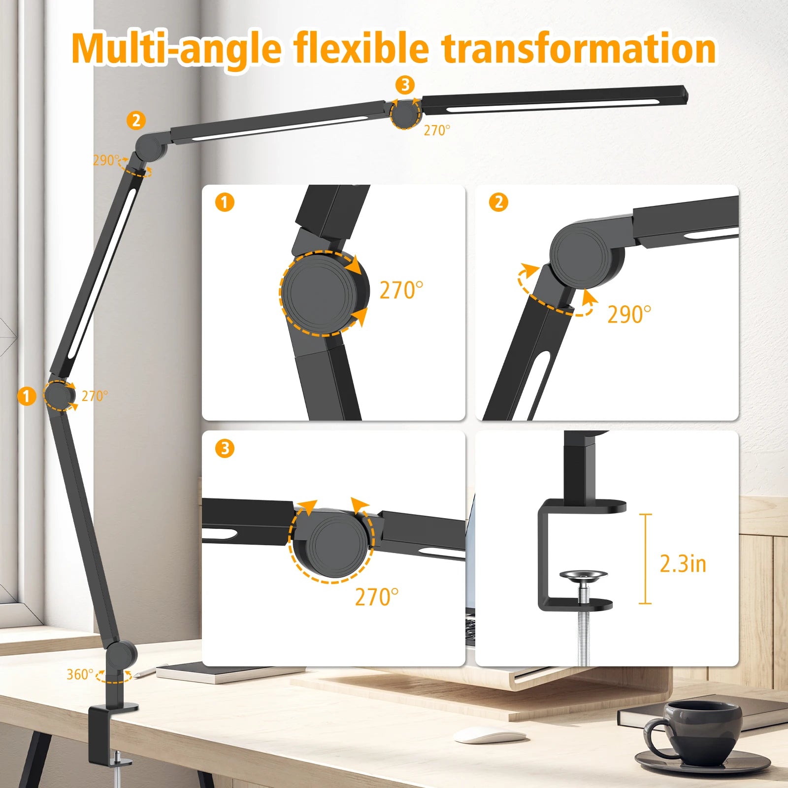 Ultra Bright LED Clamp Desk Lamp Eye Protection Architect Table Lamp Adjustable Swing Arm Dimmable Color Temperature Reading Light USB Powered Study Lamp for Home Office Workbench Makeup Live Streaming Decor