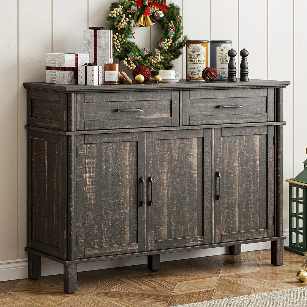 48" (122cm) Rustic Brown Farmhouse Sideboard Buffet Cabinet, Storage Coffee Bar with 2 Drawers + 3 Doors & Adjustable Shelves, Living Room Kitchen Storage Cabinet