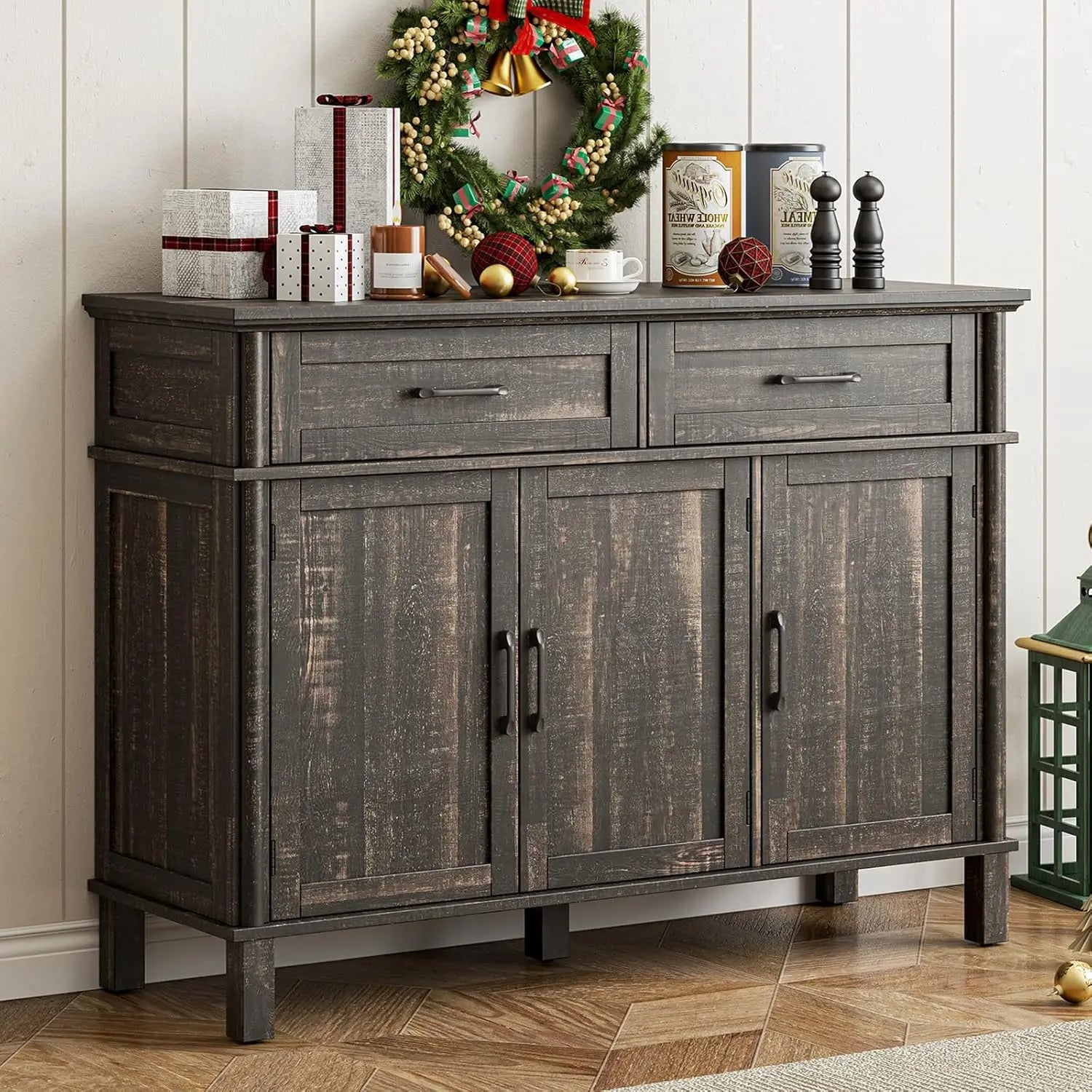 48" (122cm) Rustic Brown Farmhouse Sideboard Buffet Cabinet, Storage Coffee Bar with 2 Drawers + 3 Doors & Adjustable Shelves, Living Room Kitchen Storage Cabinet