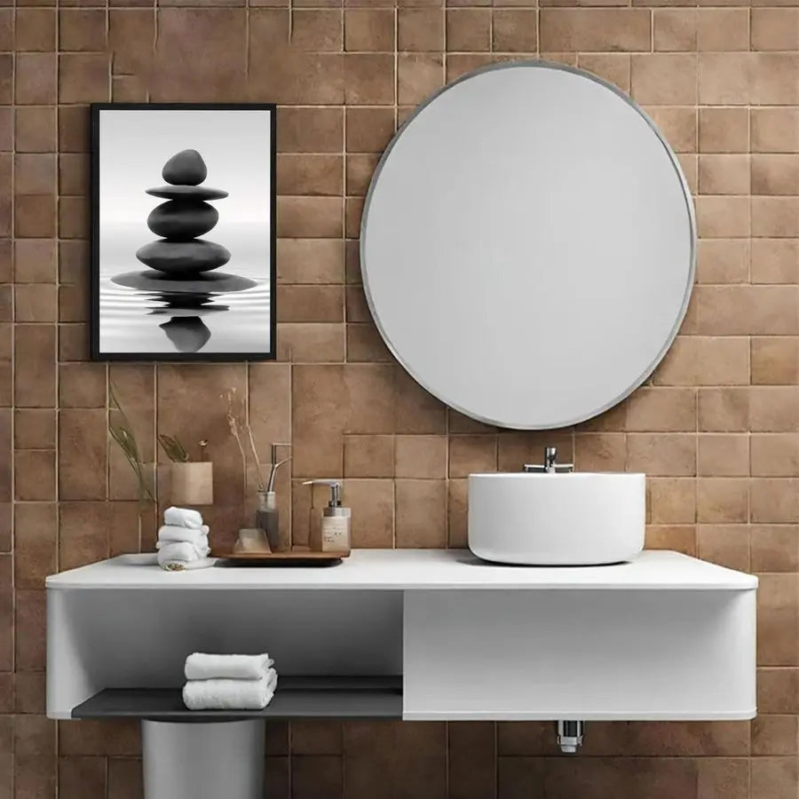 Framed Black and White Bathroom Wall Art Zen Stones in the water Bathroom Wall Art Yoga Meditation Picture Wall Decor Spa Room B