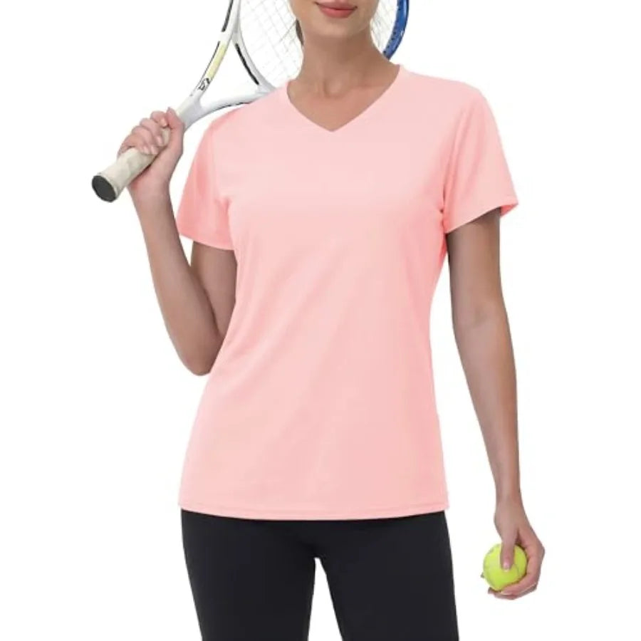 Women's Workout Tops Short Sleeve UPF 50+ Athletic Shirts Quick Dry V-Neck T-Shirt Moisture Wicking Gym Tee