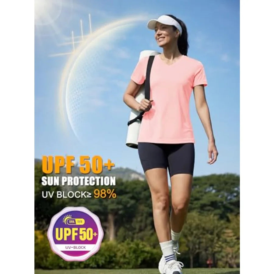 Women's Workout Tops Short Sleeve UPF 50+ Athletic Shirts Quick Dry V-Neck T-Shirt Moisture Wicking Gym Tee