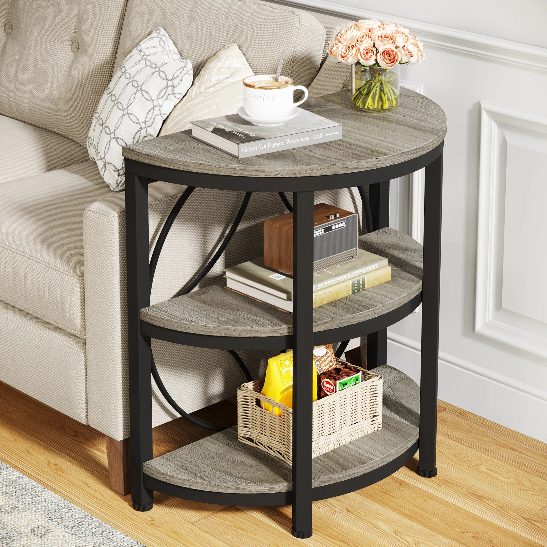 Tribesigns Half Round End Table for Living Room, 3-Tier Half Side Table with Metal Frame, Industrial Table with Storage