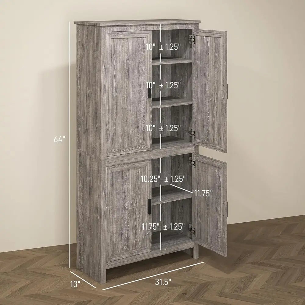 64" Kitchen Pantry Cabinet, freestanding Storage Cabinet with 4 Doors and 3 Adjustable Shelves or Dining Room, Gray Oak