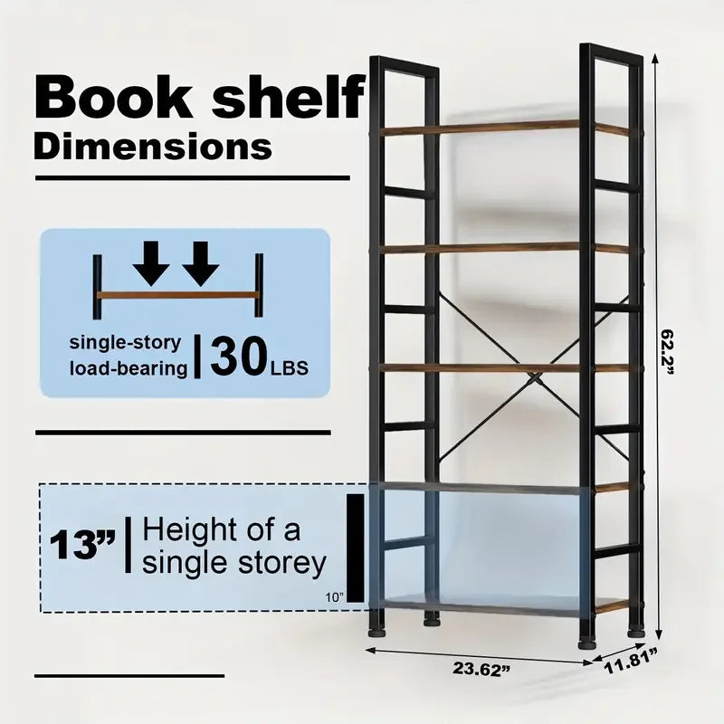 Bookshelf, 5 Tier Bookshelves, Home Office Bookcase Shelf Storage Organizer, Free Standing Storage Shelving Unit for Bedroom, Living Room and Home Office, Vintage