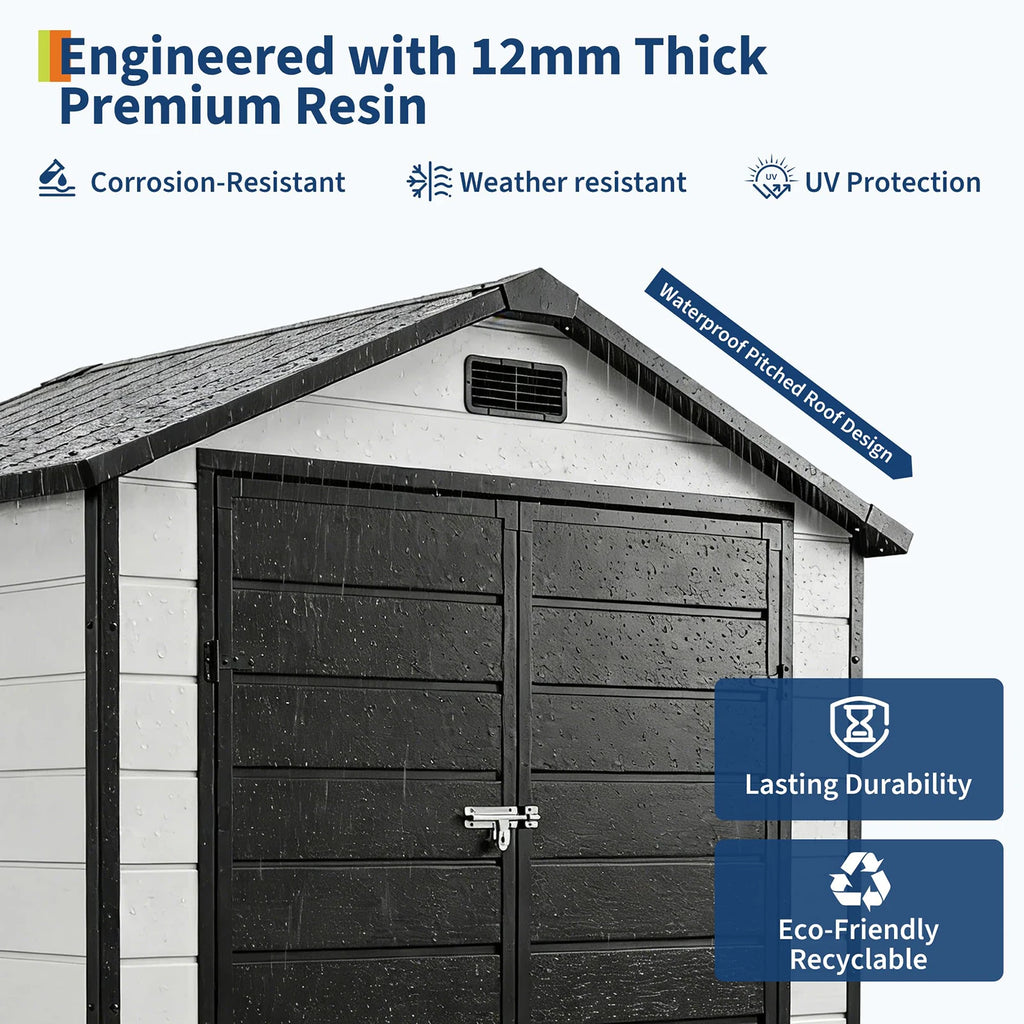 6x4 FT Resin Outdoor Storage Shed, Double Wall Waterproof Lockable Garden Tool Shed With Window, Double Doors For Bike Lawn Mower Patio