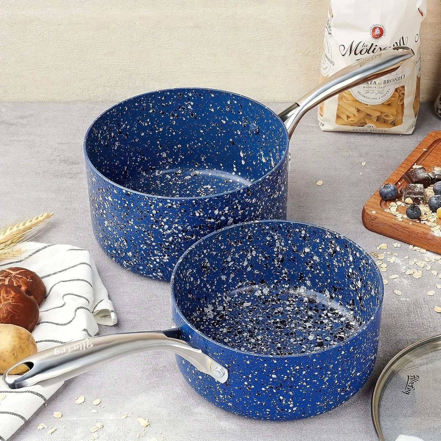 HLAFRG Sauce Pan Set with Lid, Nonstick 2Qt & 3Qt Pot Set with Lid, Small Pot with Stainless Steel Handle, Blue Pot Set