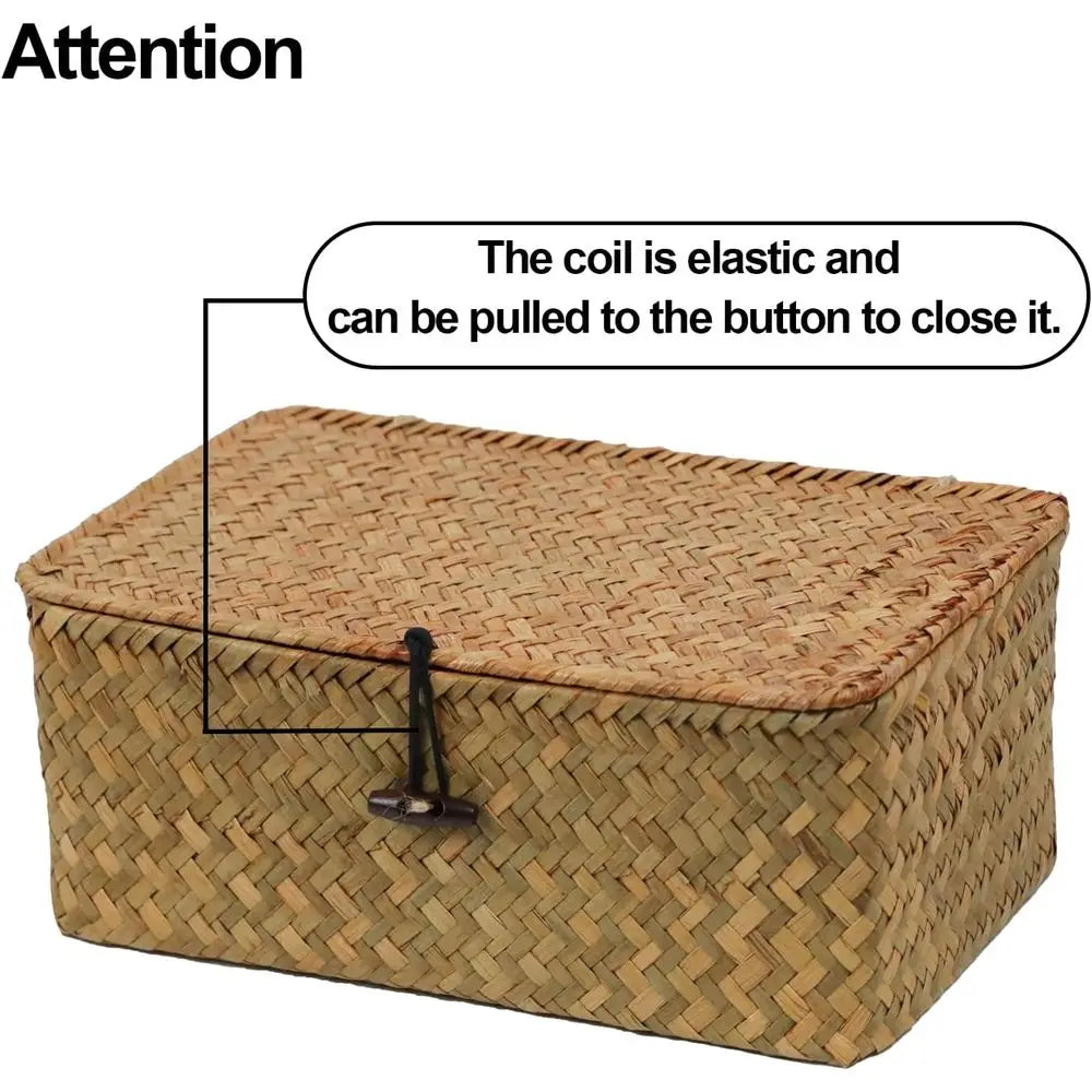 Set of 2 Wicker Baskets with Lid, Seagrass Storage Baskets, Decorative and Organizing Home