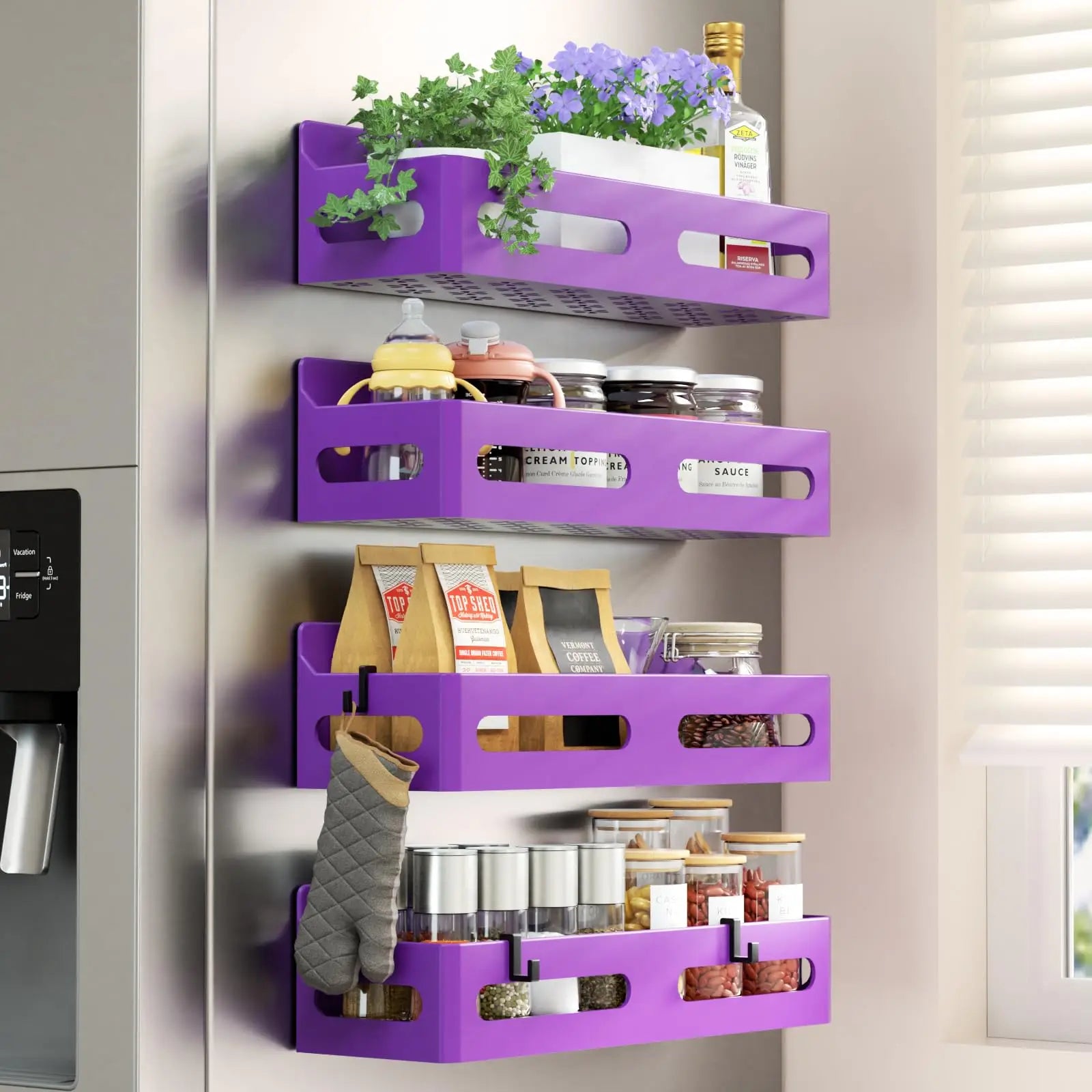 Seven Blue 4-Piece Magnetic Spice Refrigerator Rack with Hooks, Black  Rugged multi-purpose magnetic rack for kitchen and bathroom organization. Includes 4 removable hooks for hanging items.