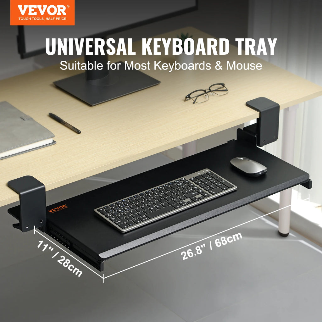 SucceBuy 26.8in Under Desk Keyboard Tray Slide in/out Ergonomic Universal Keyboard Tray No-Drilling C-Clamps Easy to Install