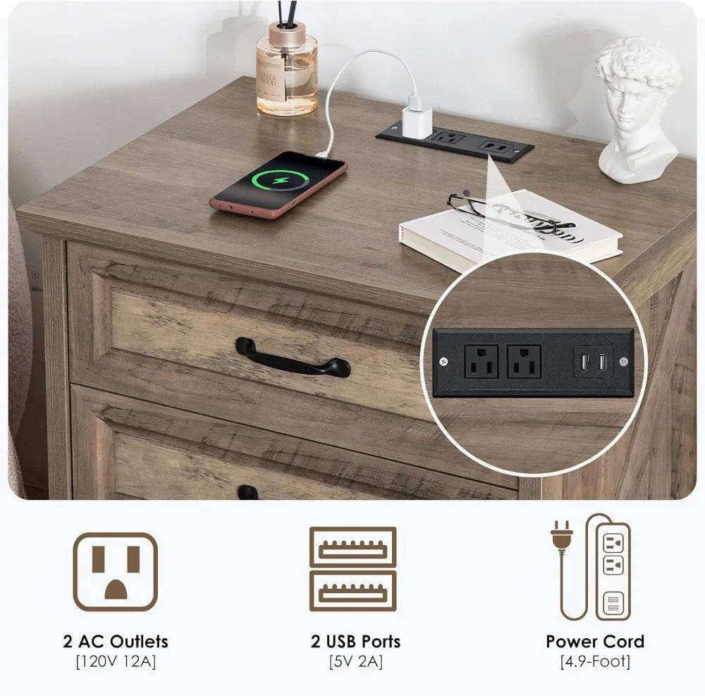 Farmhouse Nightstand with Charging Station, 3 Drawers, USB & AC Ports, Rustic Wood Bedside Table for Bedroom