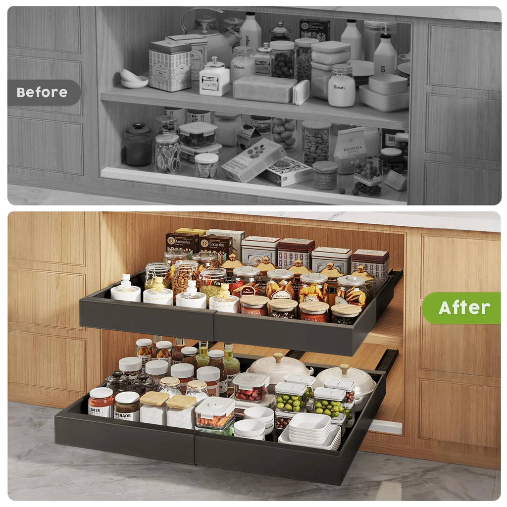 2/4/6pcs Expandable Pull Out Drawers for Kitchen Cabinets Sliding Storage Shelves, Heavy Duty Carbon Steel Pantry Organizer, No Drill Under Sink Roll Out Basket, Easy Access Cabinet Shelf for Bathroom & Laundry