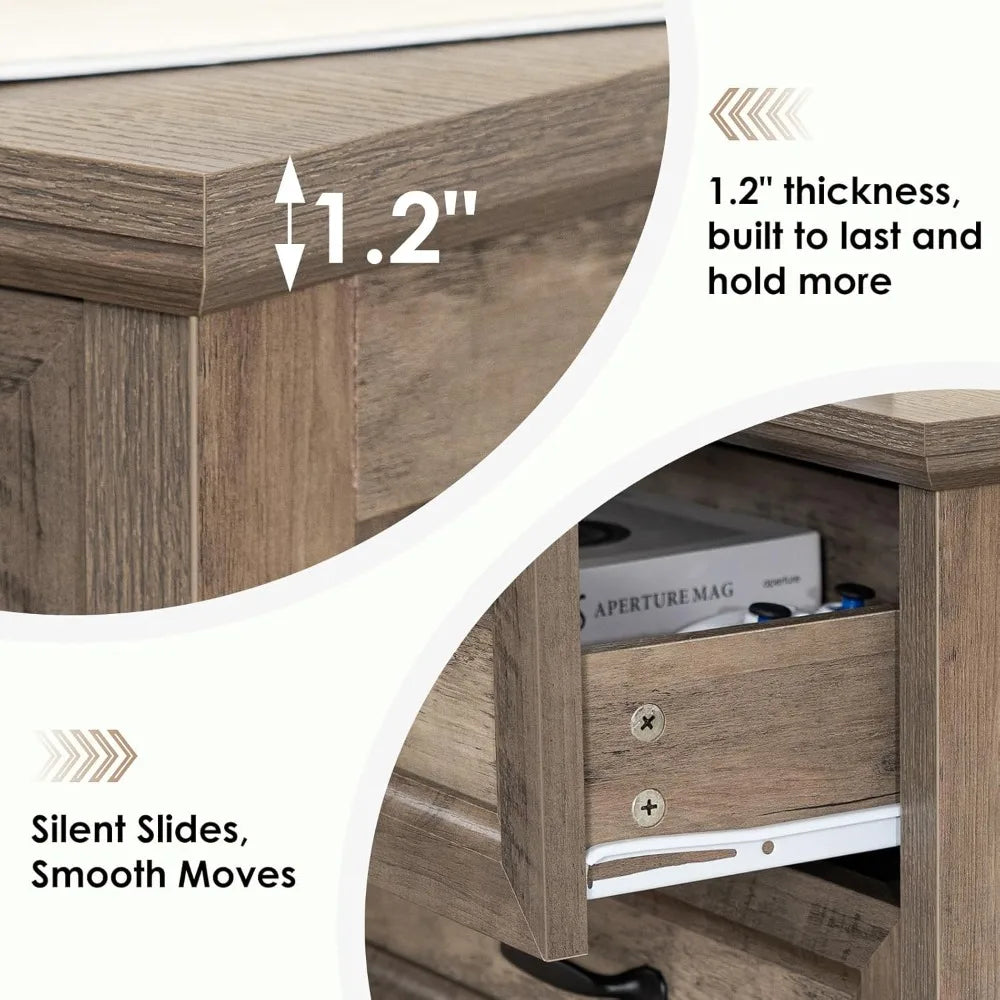 Farmhouse Nightstand with Charging Station, 3 Drawers, USB & AC Ports, Rustic Wood Bedside Table for Bedroom