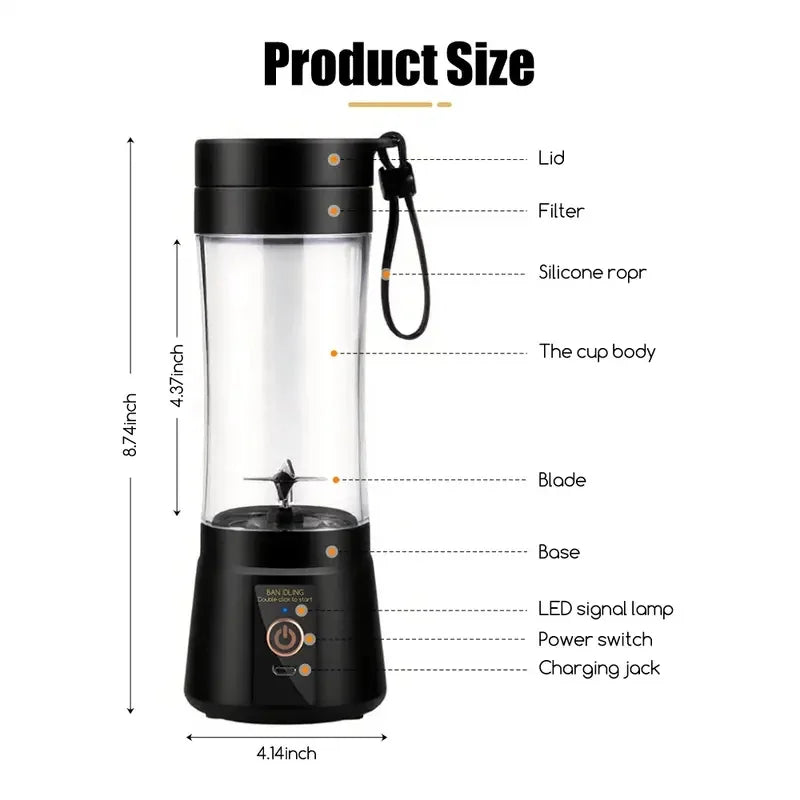 1 wireless portable electric juicer (400ml), juicing cup, vibrating screen, TYPE-C charging mini juicer (6-piece double cup), mu