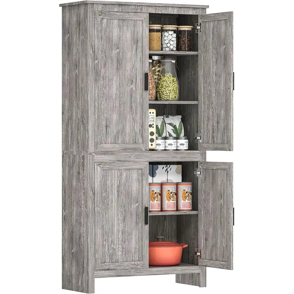 64" Kitchen Pantry Cabinet, freestanding Storage Cabinet with 4 Doors and 3 Adjustable Shelves or Dining Room, Gray Oak