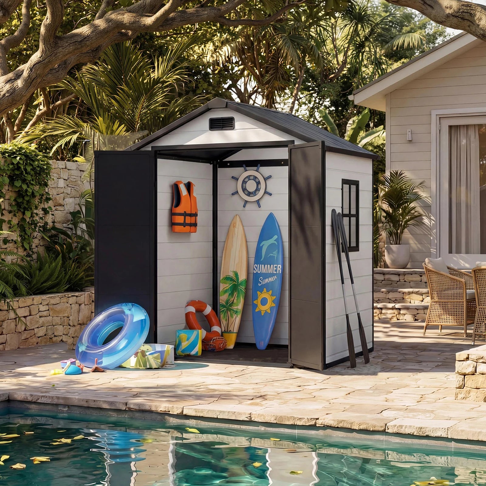 6x4 FT Resin Outdoor Storage Shed, Double Wall Waterproof Lockable Garden Tool Shed With Window, Double Doors For Bike Lawn Mower Patio