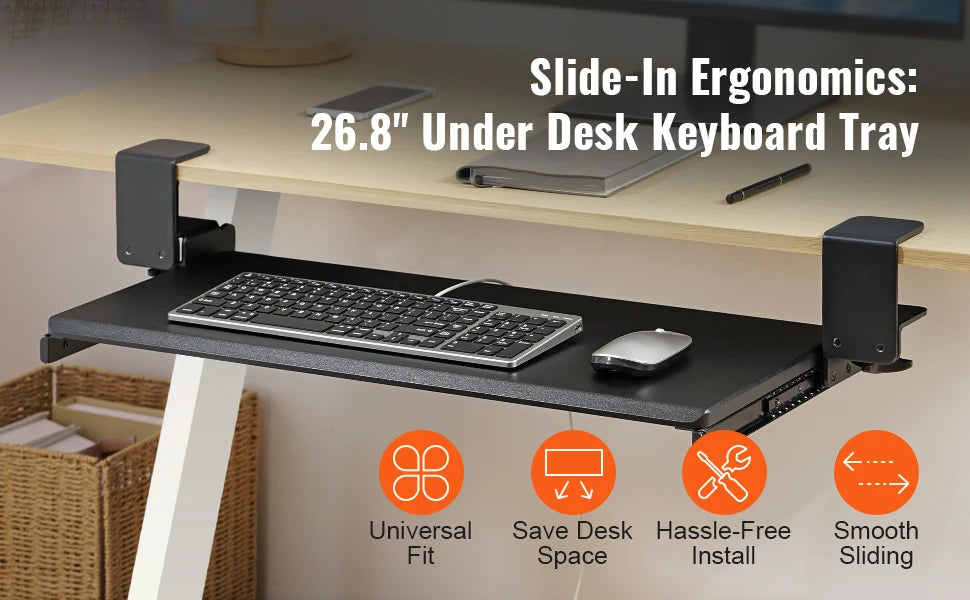 SucceBuy 26.8in Under Desk Keyboard Tray Slide in/out Ergonomic Universal Keyboard Tray No-Drilling C-Clamps Easy to Install