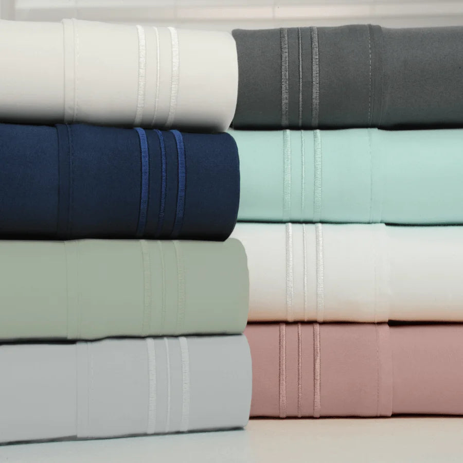 Bamboo 1800 Thread Count 4-Piece 3 Line Embroidered Sheet Set - Egyptian Luxury, Organic, 16 Inch Deep Pocket - Shrink, Fade Wrinkle Resistant