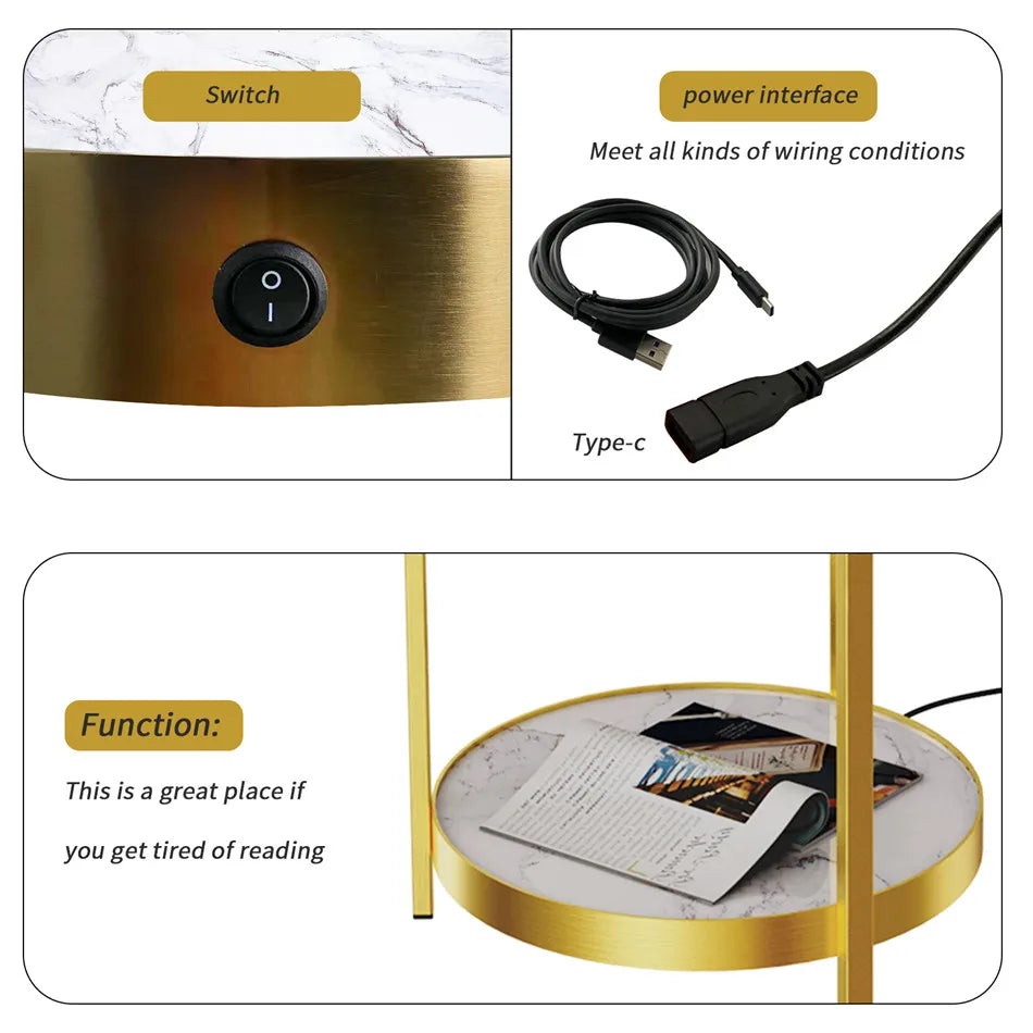 Modern Gold 2-Tier Tall Standing Floor Lamp with Storage Table Reading Light for Bedroom Office Living Room Reading Light