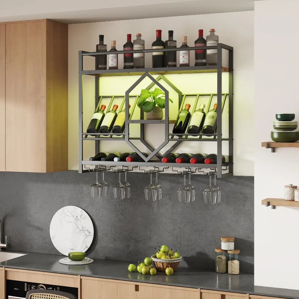 Wall Mounted Wine Rack with LED Light, 3 Tier Display Shelf, Hanging Liquor Storage for Kitchen and Bar