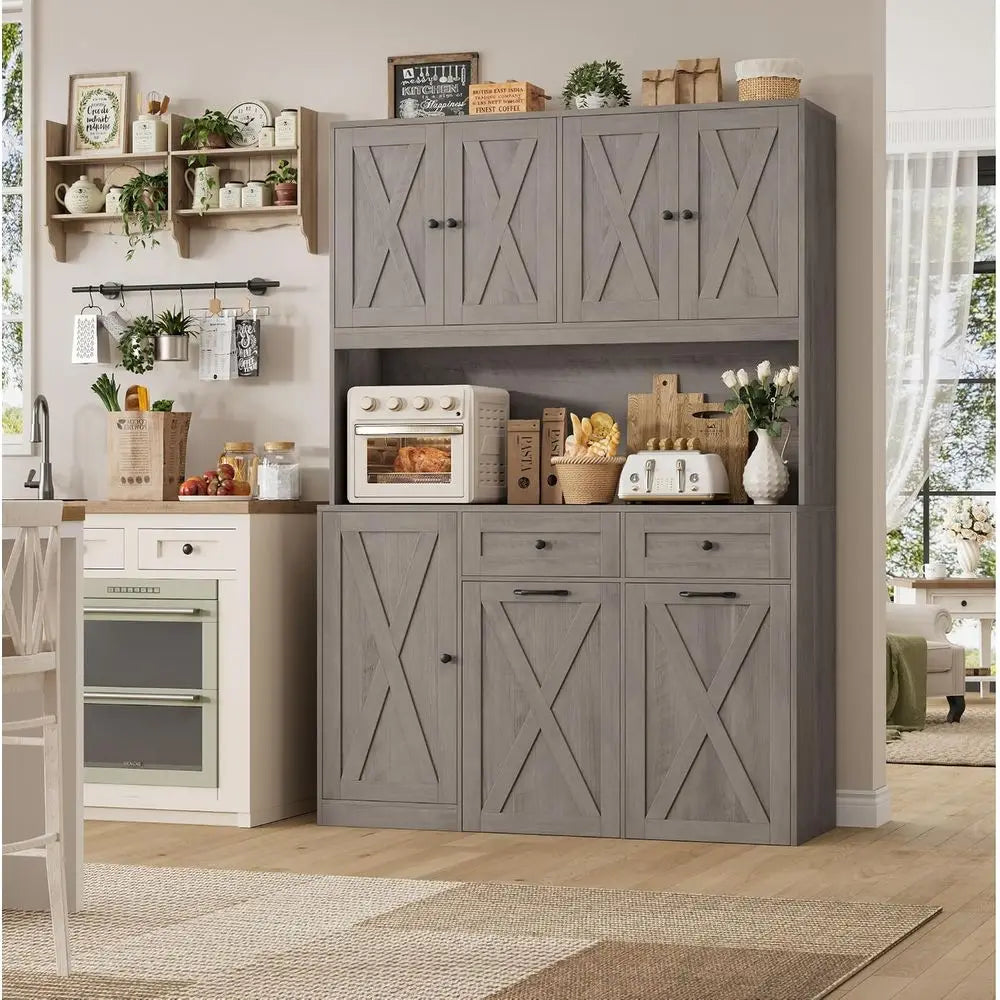 71" Kitchen Pantry with 12.5 Gallon Double Trash Can Cabinet, Grey | armhouse Garbage Can Cabinet with Pull Out Trash Can Storag