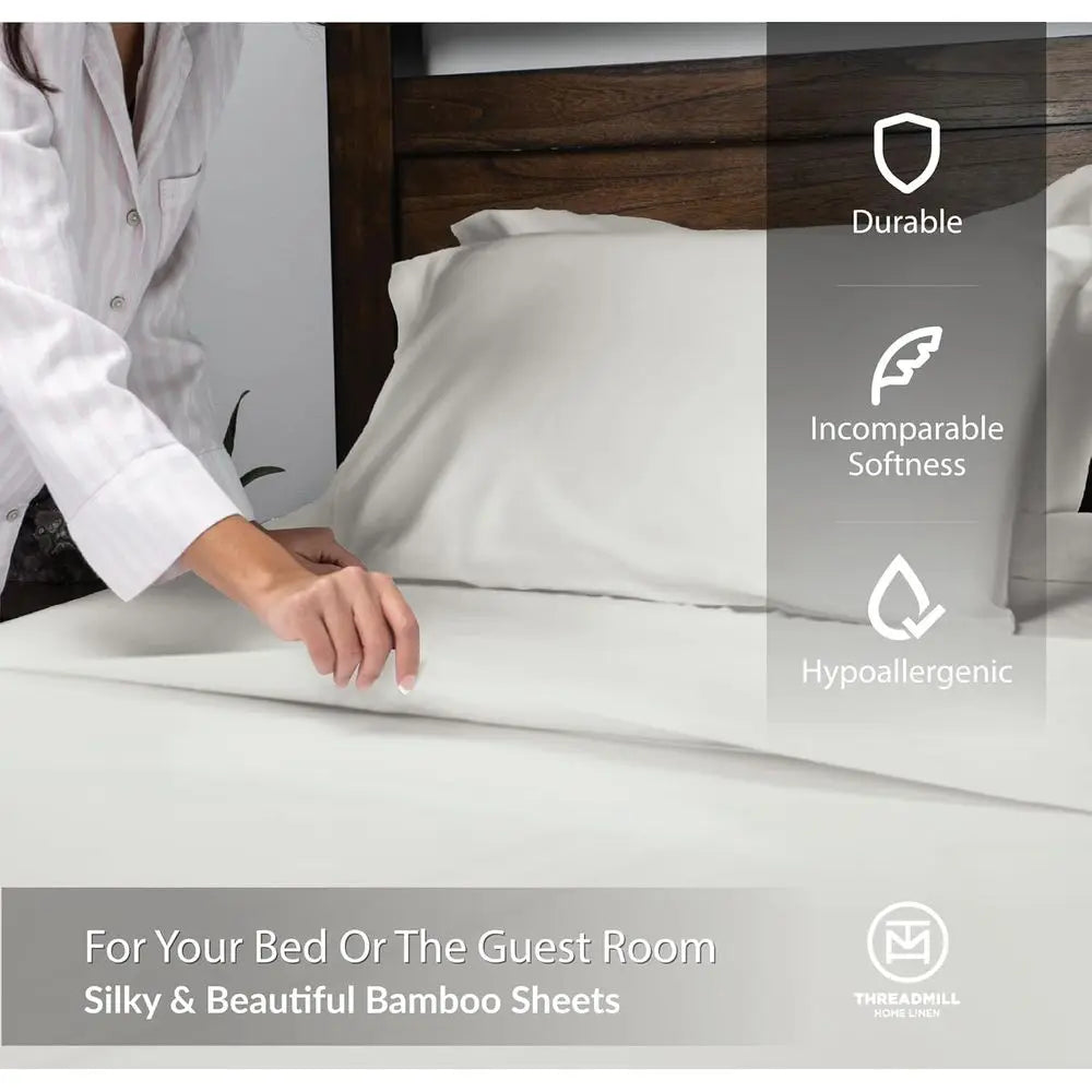 Queen Size Bamboo Sheet Set - 4-Piece Viscose, Light Grey, Silky Soft, Cool & Breathable, 16 Deep Pocket, Moisture Wicking & Cool