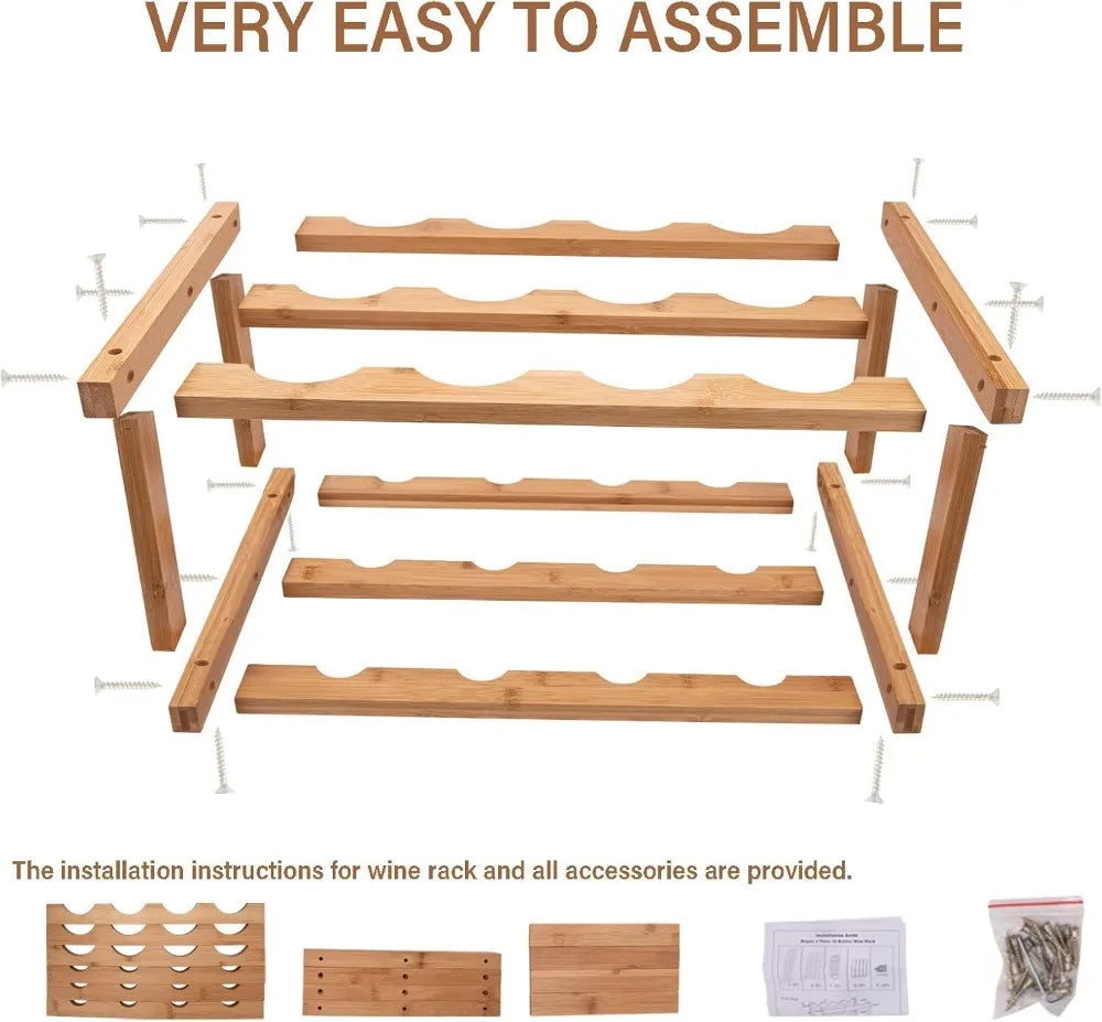 3-Tier Bamboo Wine Rack Holds 12 Bottles, Sturdy Countertop Storage for Kitchen Bar Dining Room, Easy Assembly