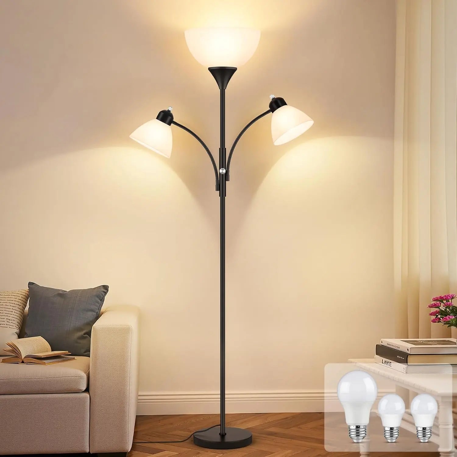 72-Inch Dimmable Floor Lamp with 2 Reading Lights, Black Standing Lamp for Living Room and Bedroom, Includes 3 Bulbs