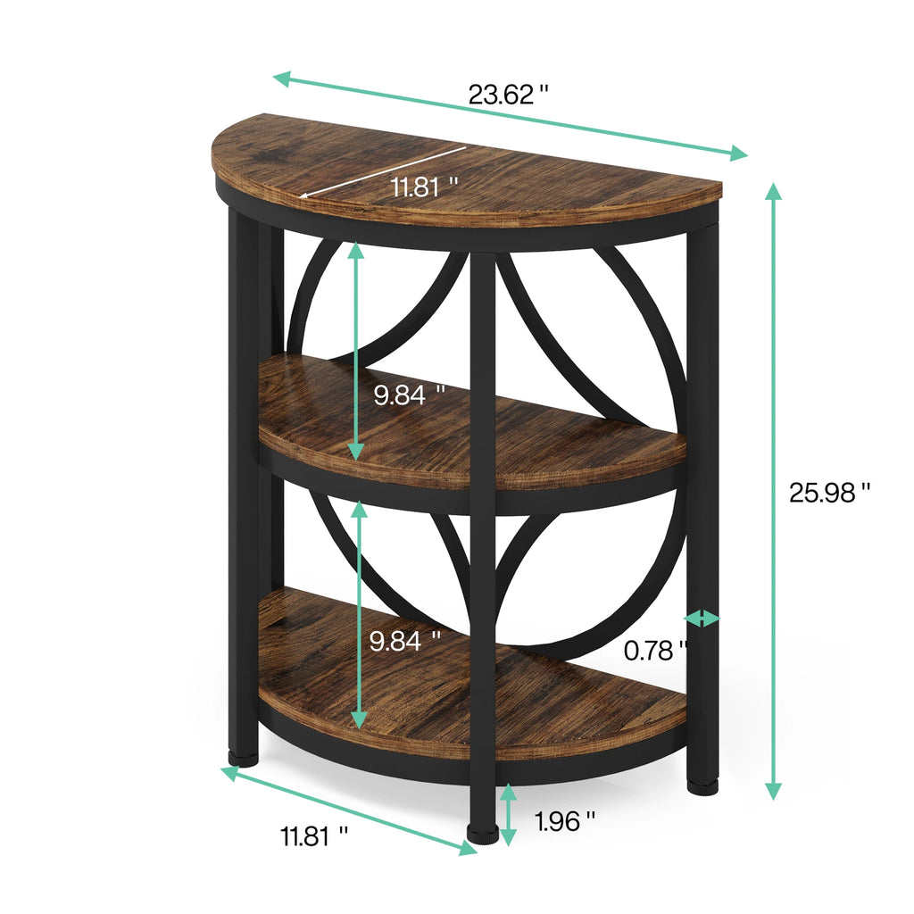 Tribesigns Half Round End Table for Living Room, 3-Tier Half Side Table with Metal Frame, Industrial Table with Storage