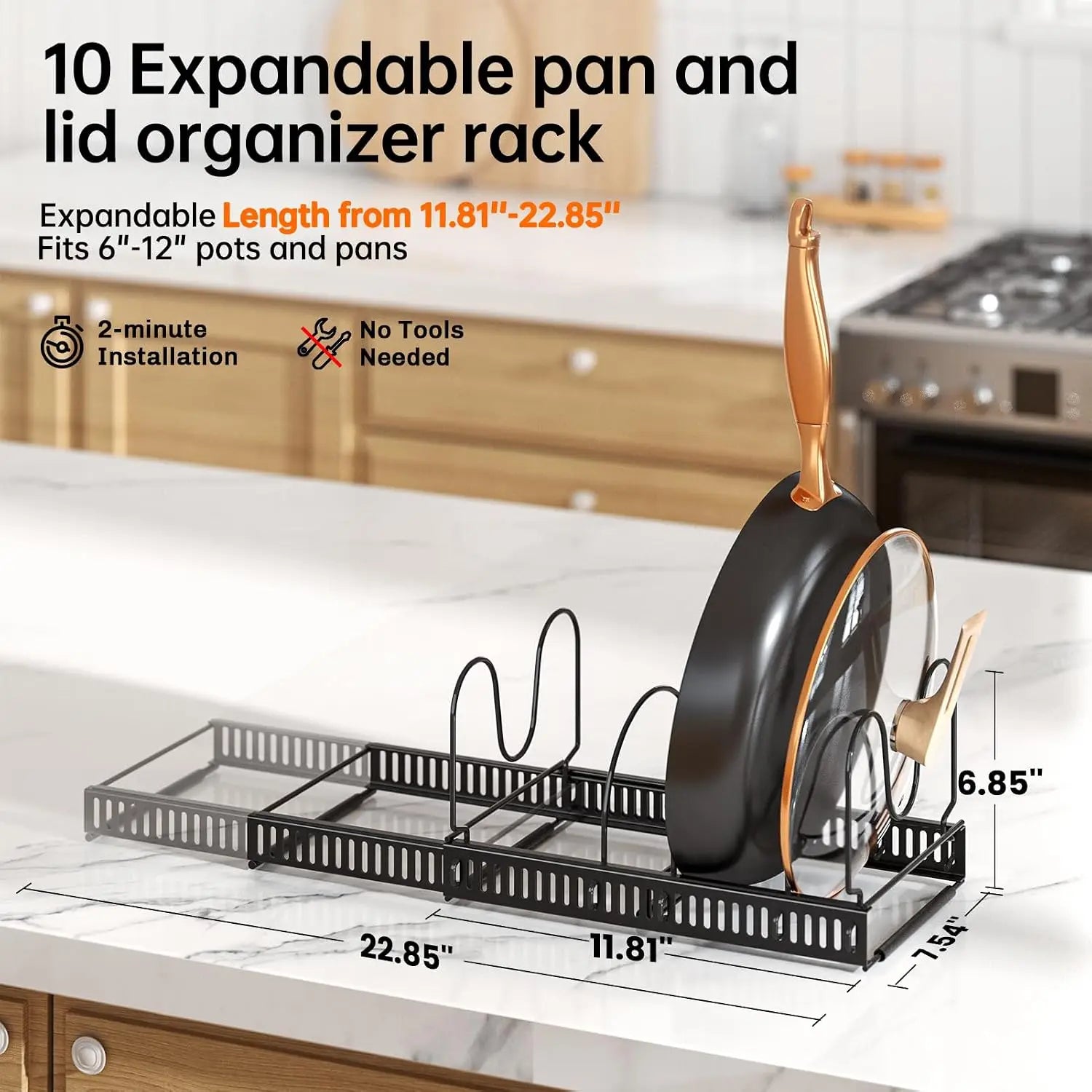 Expandable Pots and Pans Organizer Rack for Cabinet, Adjustable 10 Compartments Kitchen Cookware Holder for Pot Lid Cutting Board Bakeware Storage