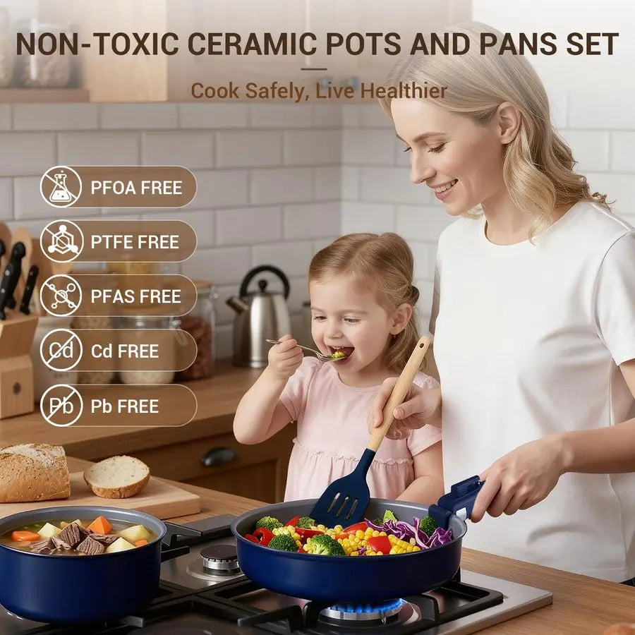 18Piece Ceramic Pots and Pans Set Non Stick, Non Toxic Cookware Set with Removable Handles, Pot Sets for Cooking, Induction Ready