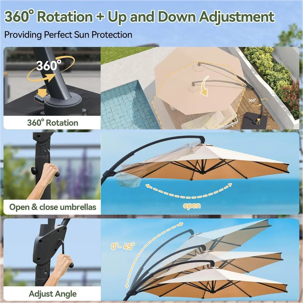 Large Heavy-Duty Cantilever Umbrella with 360° Rotation, Windproof Ribs for Outdoor Patios, Pools, Decks, Gardens