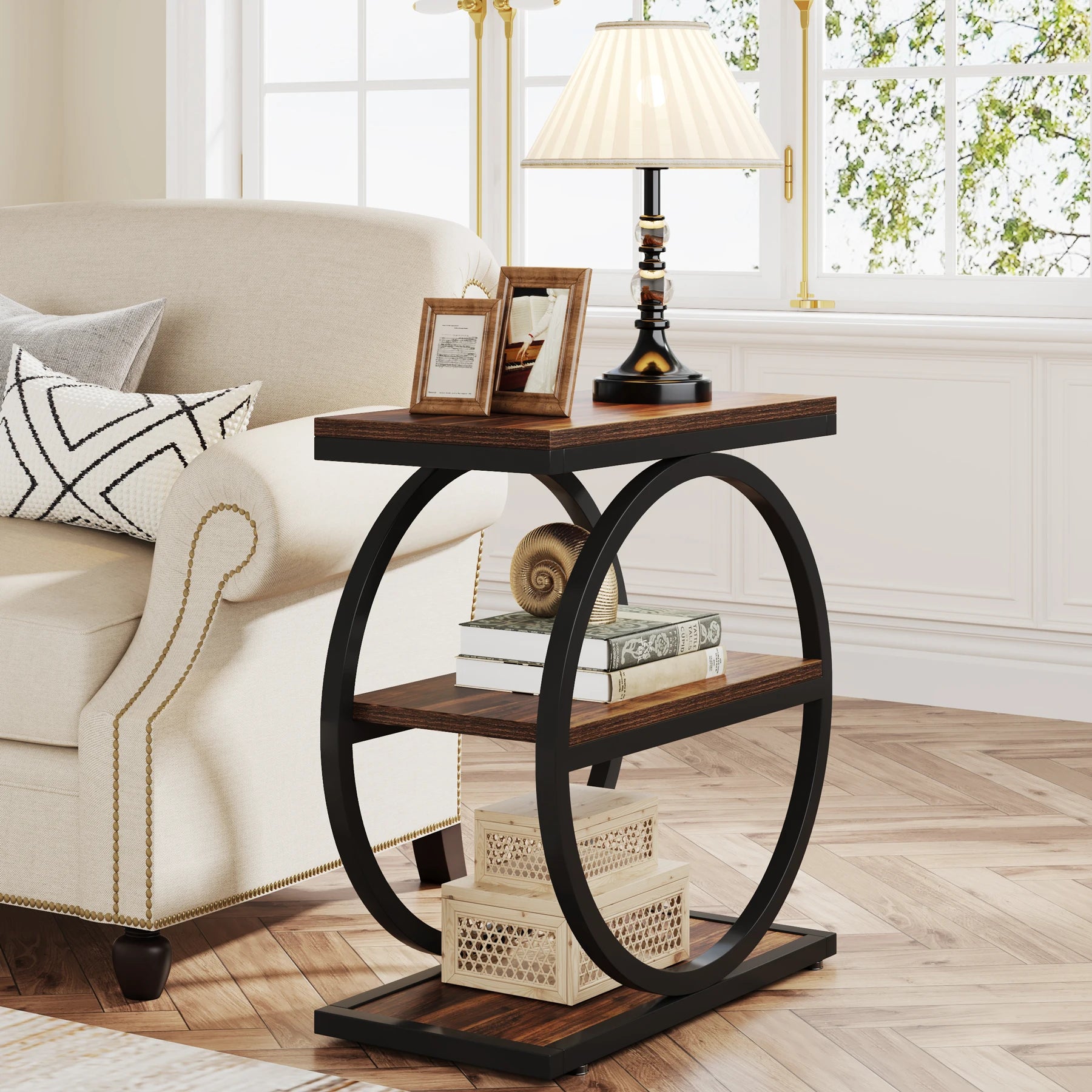 Tribesigns End Table, Narrow End Table with 3 Storage Shelves, Wooden Side Table, Industrial Small Sofa Side Table